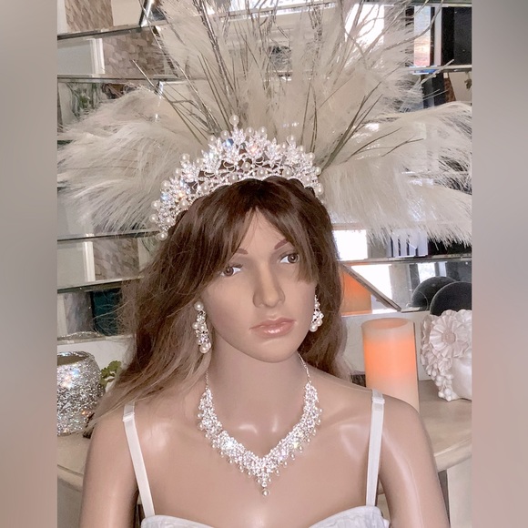 NEW Set 3 Pcs. Faux Pearl & Rhinestone Crown Earrings Necklace Bridal Wedding